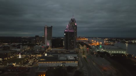 aerial pan view of mobile, alabama at night