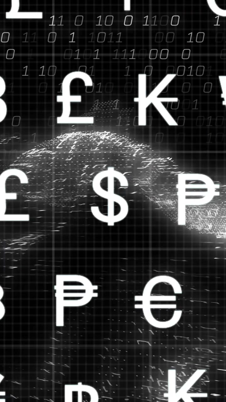 Simboli di valuta e animazione di codice binario su sfondo digitale astratto