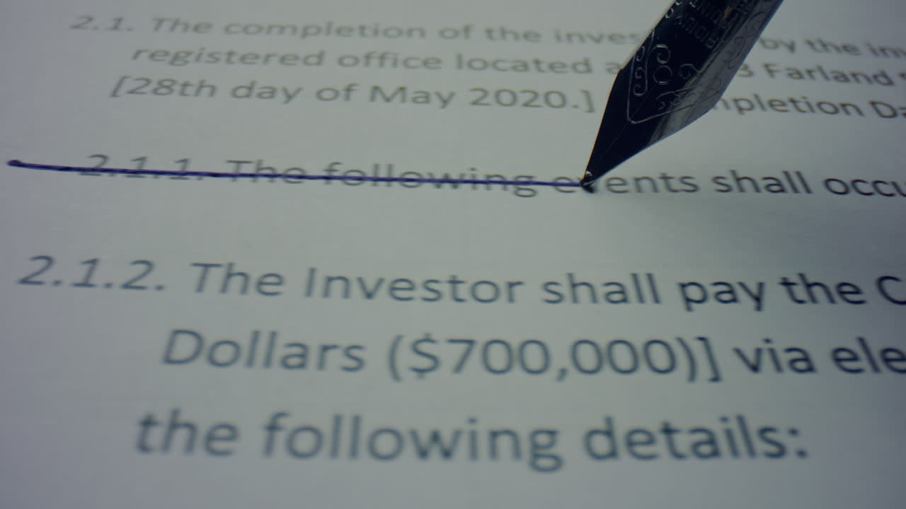 Fountain pen drawing line on business paper. Person crossing text in contract