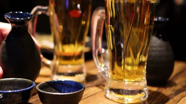 Close-up of sake being poured into small cups next to a tall glass of beer on a wooden table.