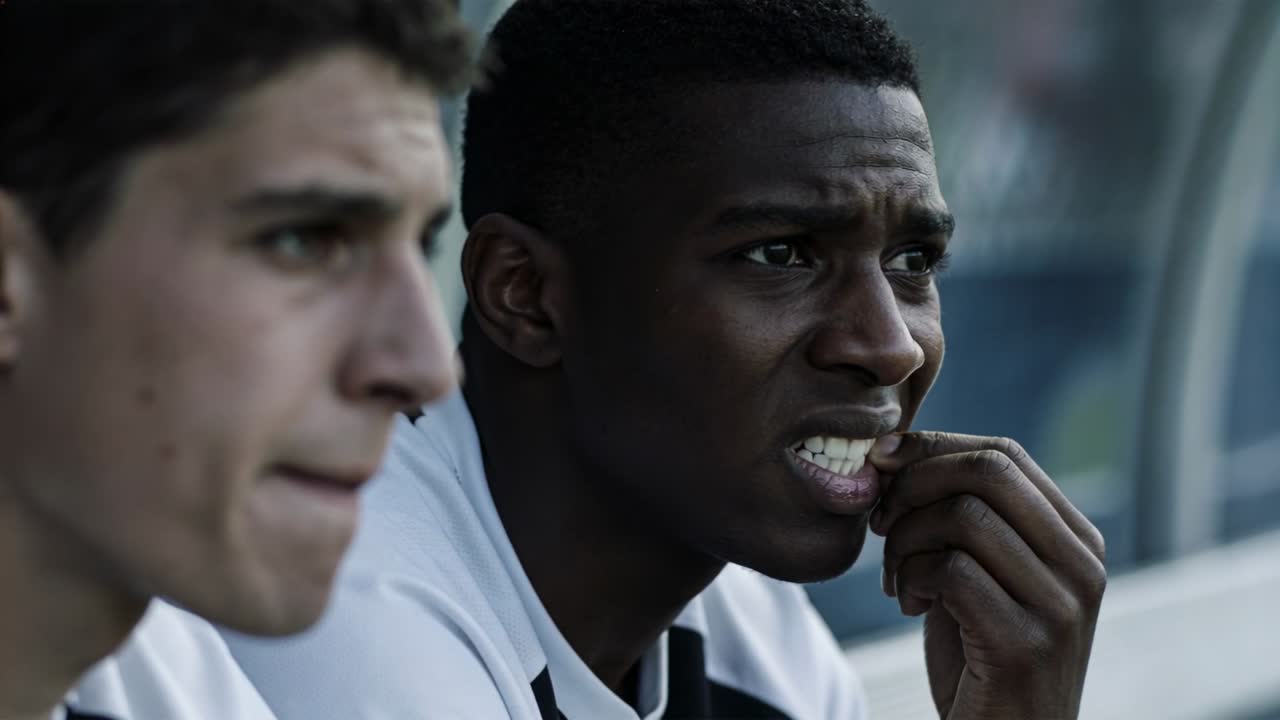 Reacting during tense moment, right sub biting nails, teammate tensing on dugout bench in kits