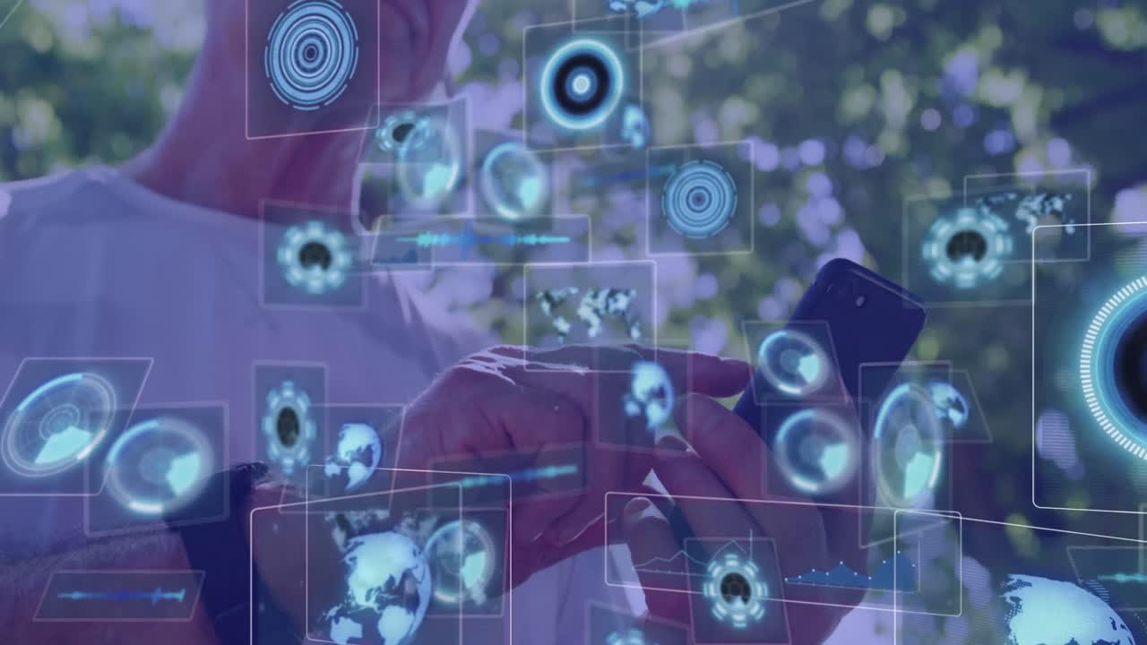 Animation of data processing over caucasian man with smartphone