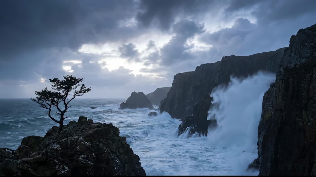 Dramatic Ocean Waves Crashing Against Rugged Cliffs with a Lone Tree