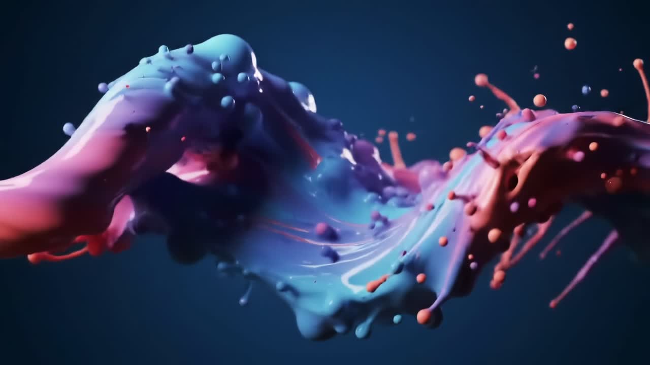 A Captivating Display of Colorful Liquid Motion: Dynamic Splashes in Vivid Blue and Pink Against a Dark Background