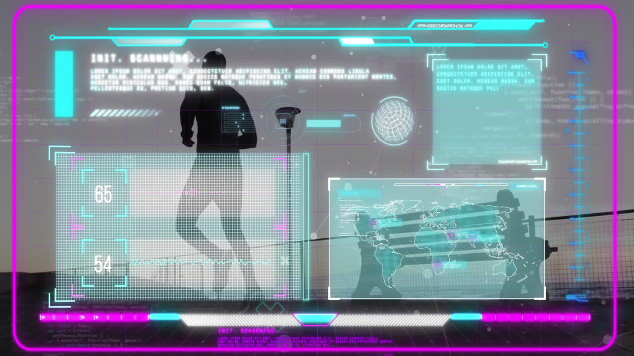 Animation of screens with data processing over african american man running