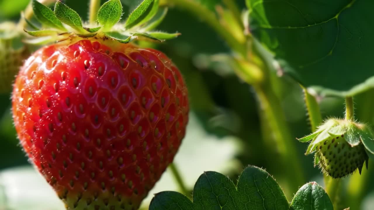 Vibrant, Fresh Strawberries Ripening Under the Sun Surrounded by Lush Green Leaves Highlighting Their Juicy Red Color and Delicious Appeal