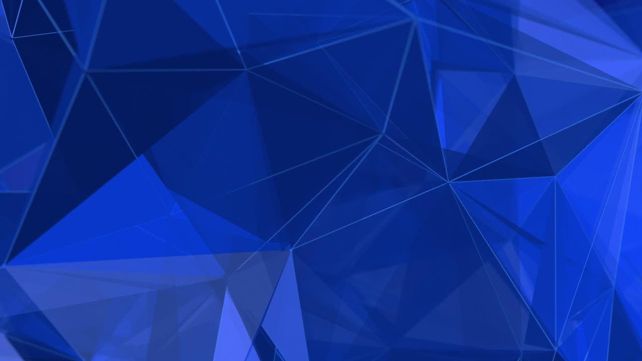 Polygonal blue elements. Abstract looped animation of triangles. Shiny moving surfaces with white glowing lines.