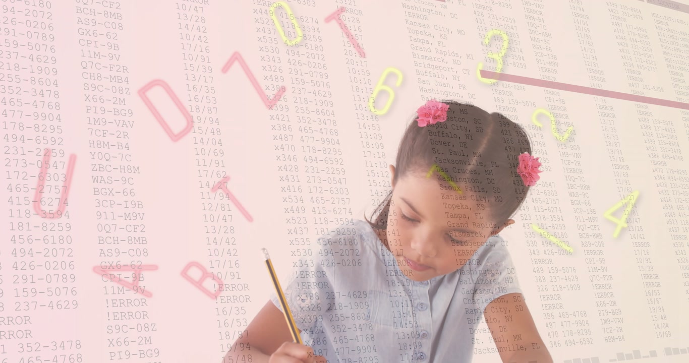 Child studying at table, pencil touching paper, causing floating letters and numbers for learning