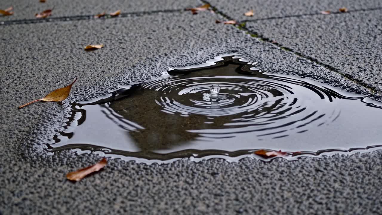 Close-up of a puddle on a textured sidewalk, reflecting a building. Shot from a low angle