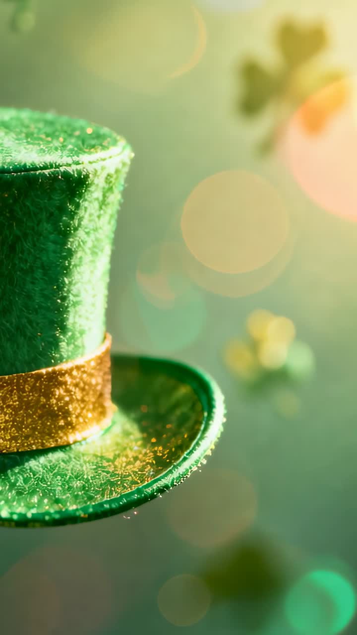 Video verticale: Telecamera che zooma su un cappello di feltro verde sul set, mostrando una fascia dorata, trifogli e spazio per il testo.