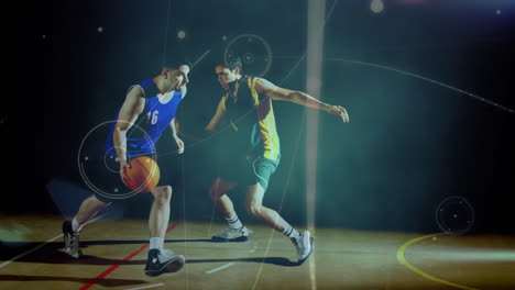 playing basketball, two athletes in action over dynamic light streaks animation