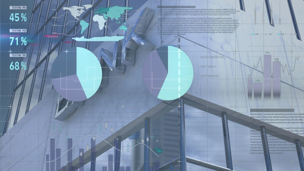 Animation of financial data processing over bank building