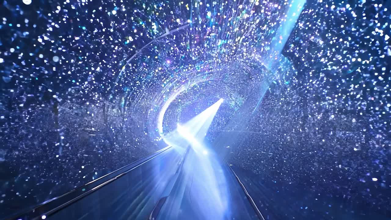 반이는 불빛으로 가득 찬 빛나는 터널을 통해 올라가는 에스컬레이터는 현대적이고 미래적인 분위기를 만니다.