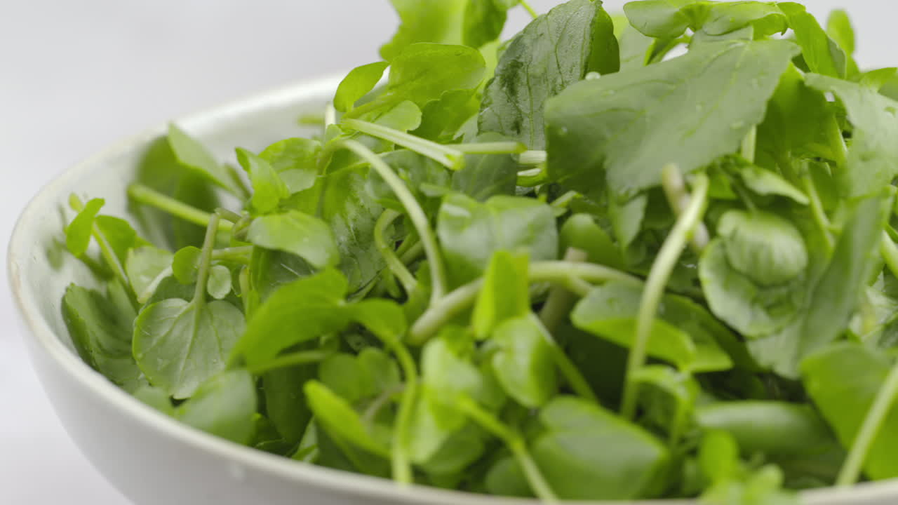 Pan Across Watercress Rotating In Bowl. Macro 4k Shot Of Organic Plant Based Raw Vegan Food. Green Fresh Salad Recipes. Spinning Watercress On Plate. Healthy Vegetarian Foods