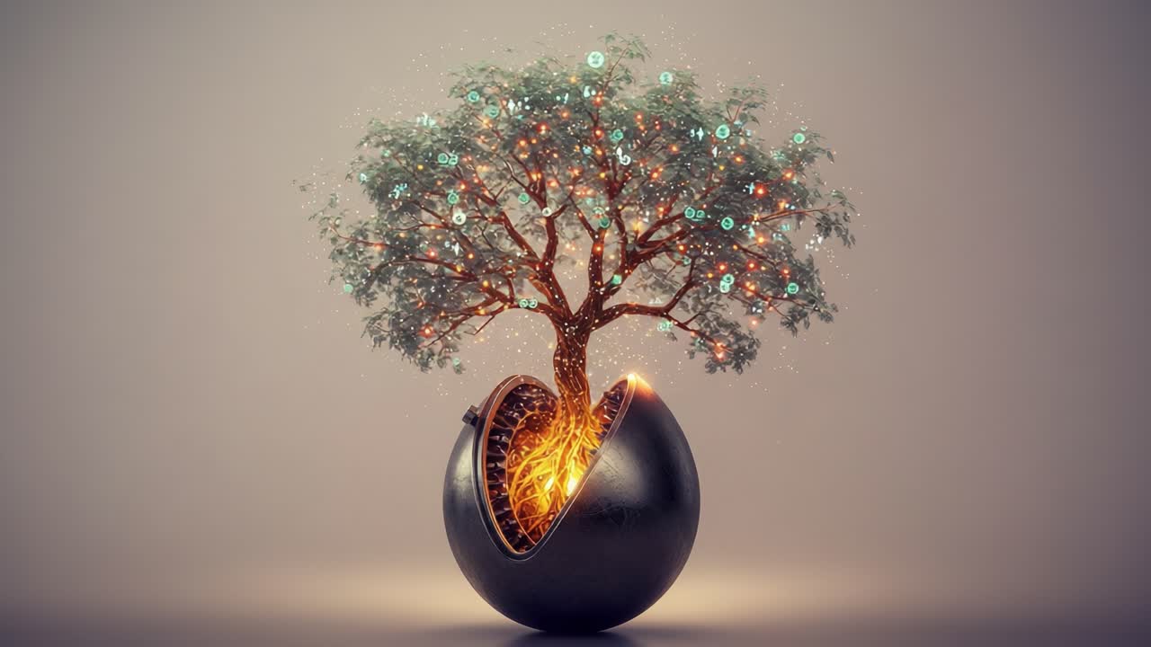 A Beautiful Fusion of Nature and Technology: An Enchanted Tree Emerges from a Futuristic Sphere, Symbolizing Growth and Innovation in a Digital Age