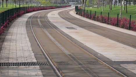 tram tracks in a city park