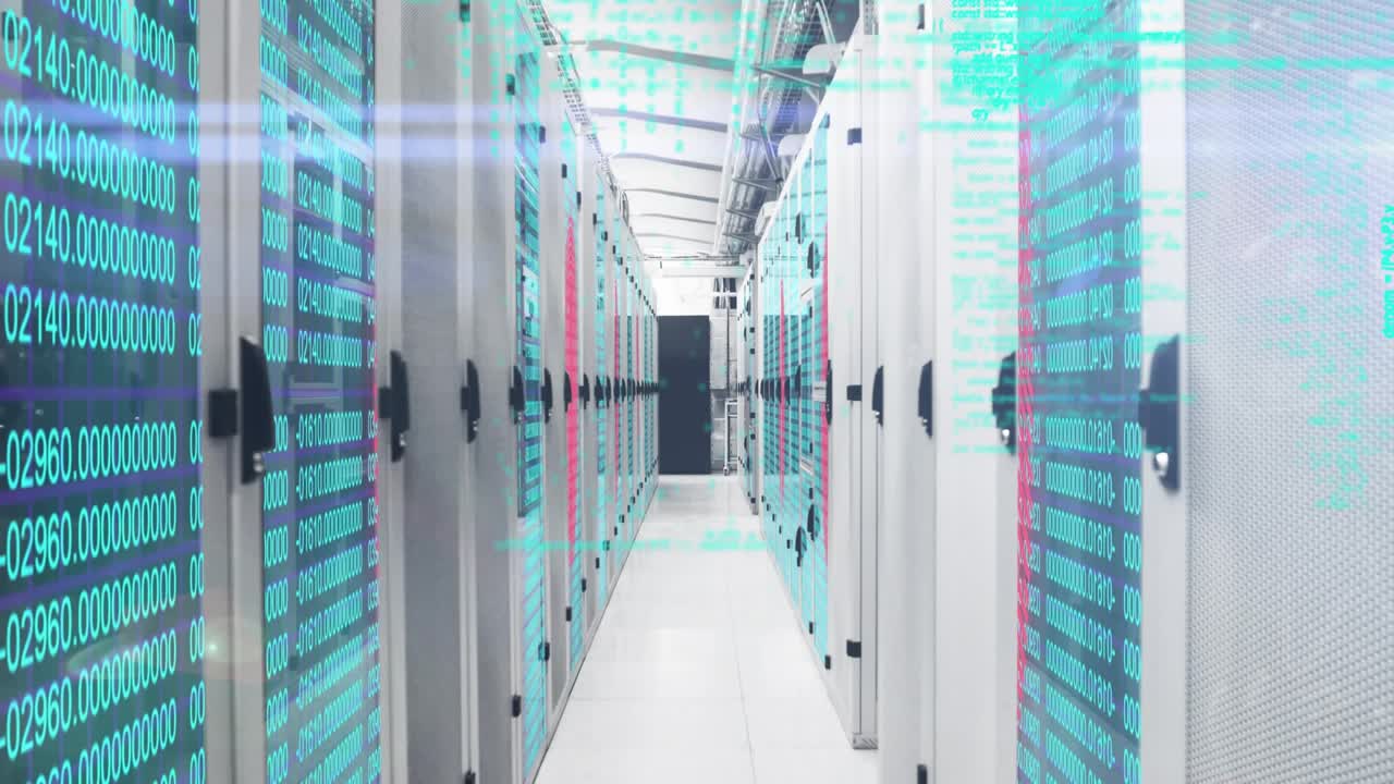 Code lines appearing initiating holographic streams gliding over server racks visualizing data flow