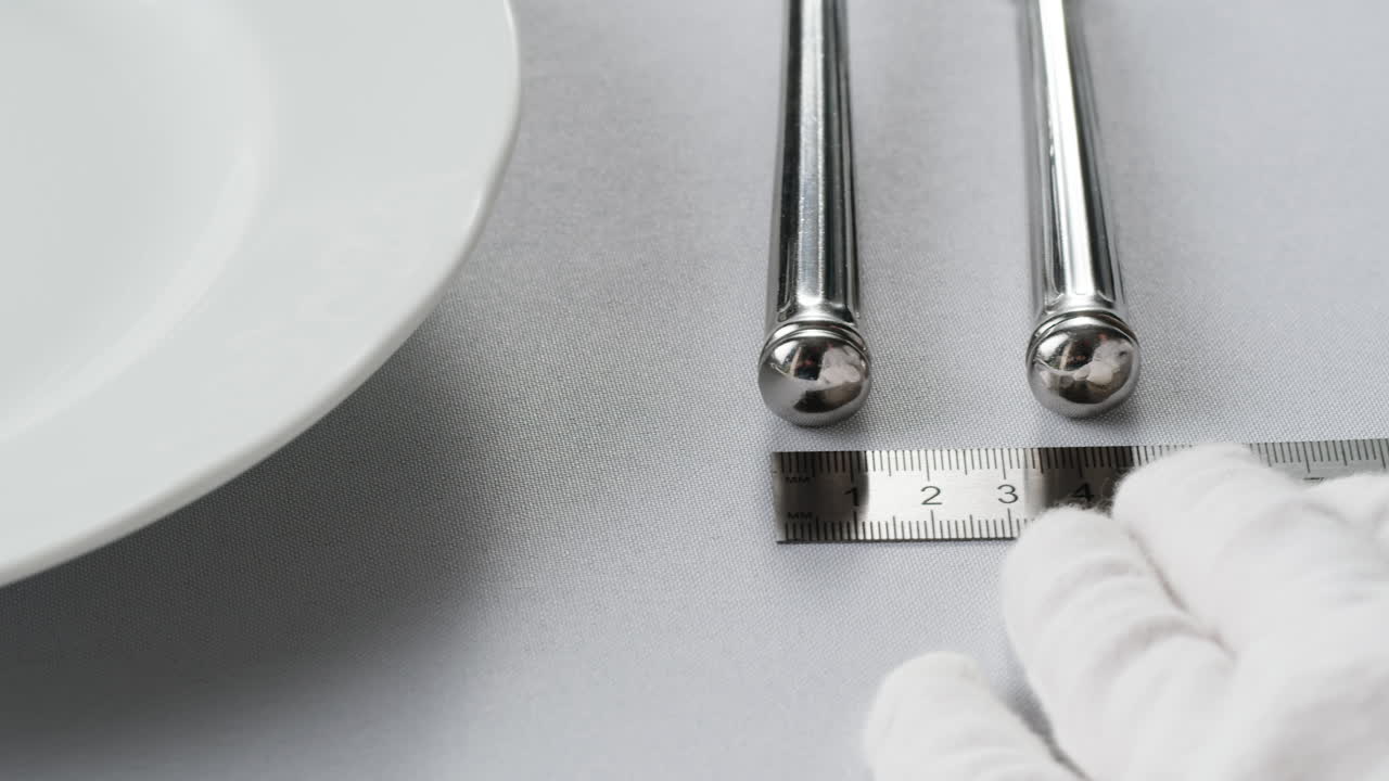 Minimalist table setting with white plate, fork, and knife arranged neatly, and a gloved hand adjusting cutlery.