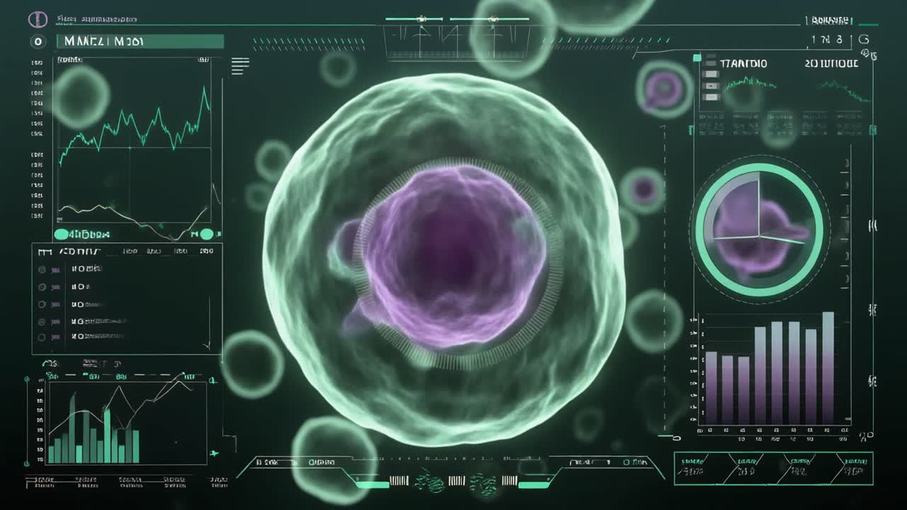 Microscopic Cell Pulsating with Futuristic Digital Data Interface