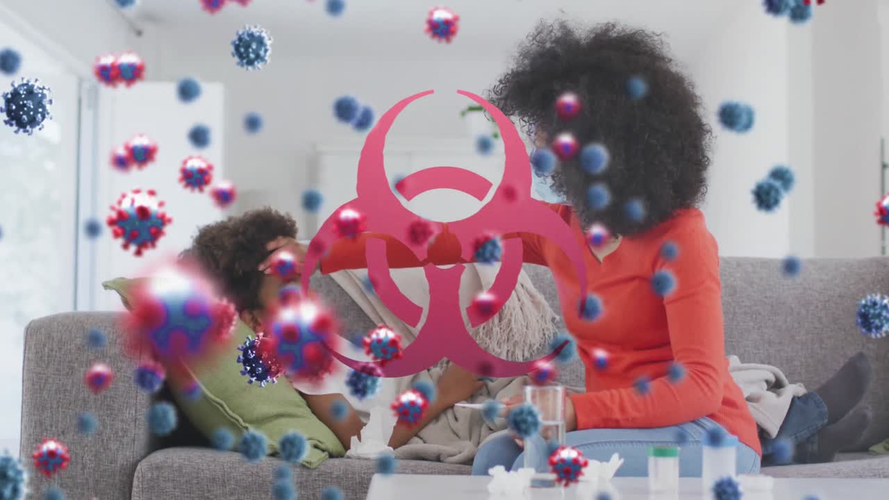 병든 아들을 가진 아프리카계 미국인 어머니 위에 바이러스 세포와 생물 위험 상징의 애니메이션