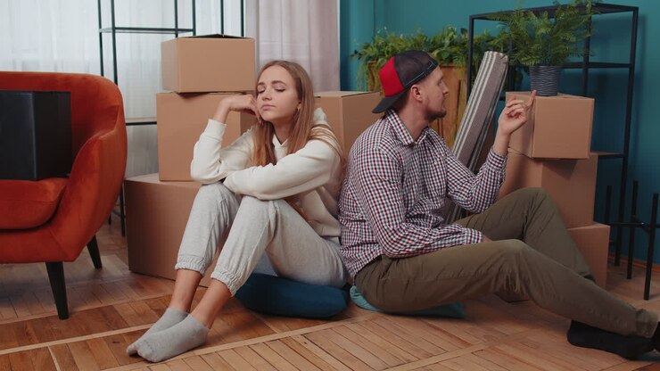 Sad married couple on floor near cardboard boxes, divorce, long relocation, bankruptcy, bank debt