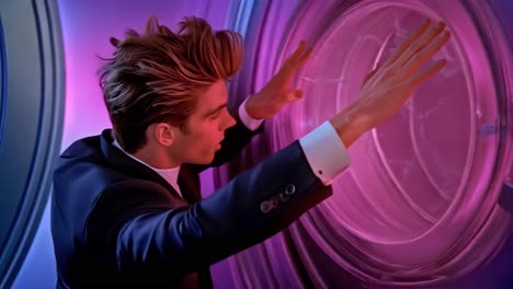 man in suit near futuristic portal
