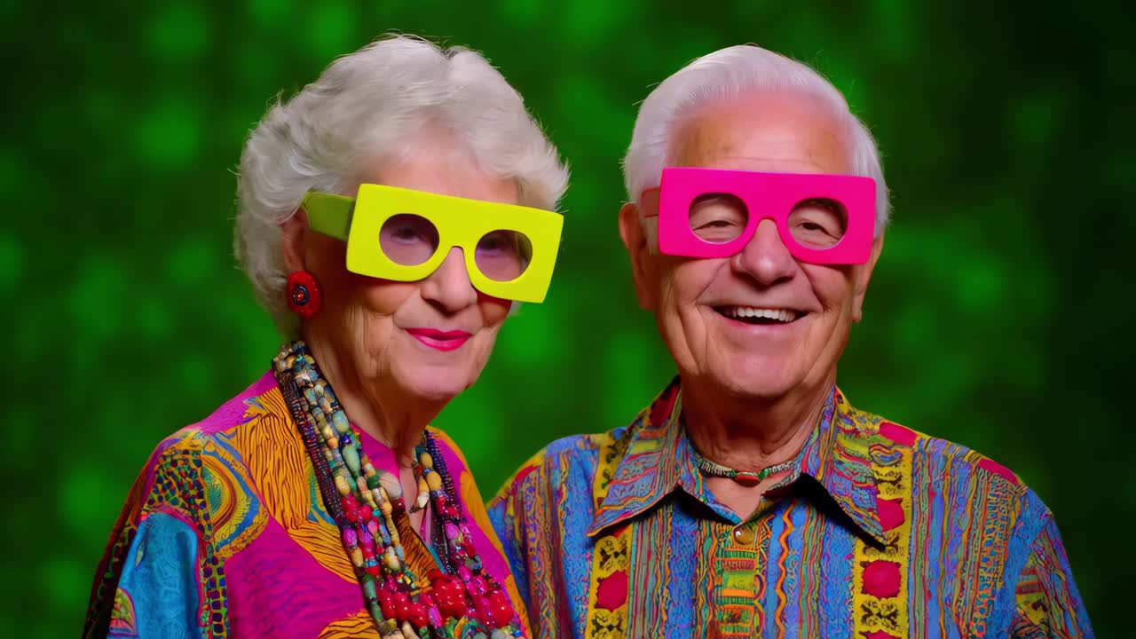 una pareja feliz con gafas de colores.