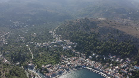 hilly sea coast aerial: lagkada waterfront bay on chios island, greece