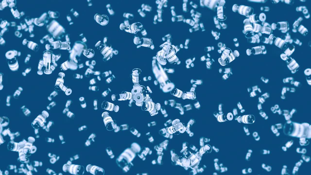 파란색 배경에 많은 백신 병을 날려. 의학 개념. 바이러스 치료. 투명한 액체. 백신의 3d 루프 애니메이션.