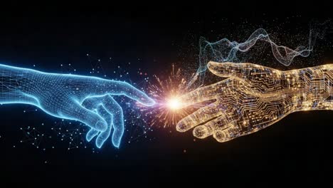 a fusion of humanity and technology: capturing the moment of connection between a human touch and digital intelligence through light and energy