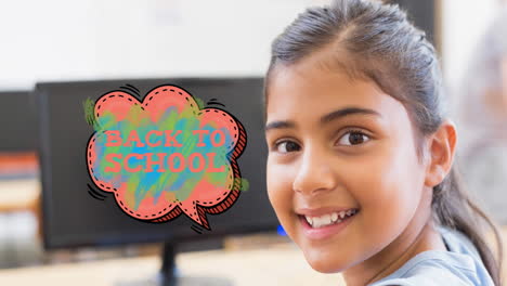 animation of back to school text over schoolgirl looking at camera and smiling