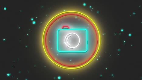 Animation-of-flickering-blue-neon-digital-camera-icon-in-a-glowing-circle