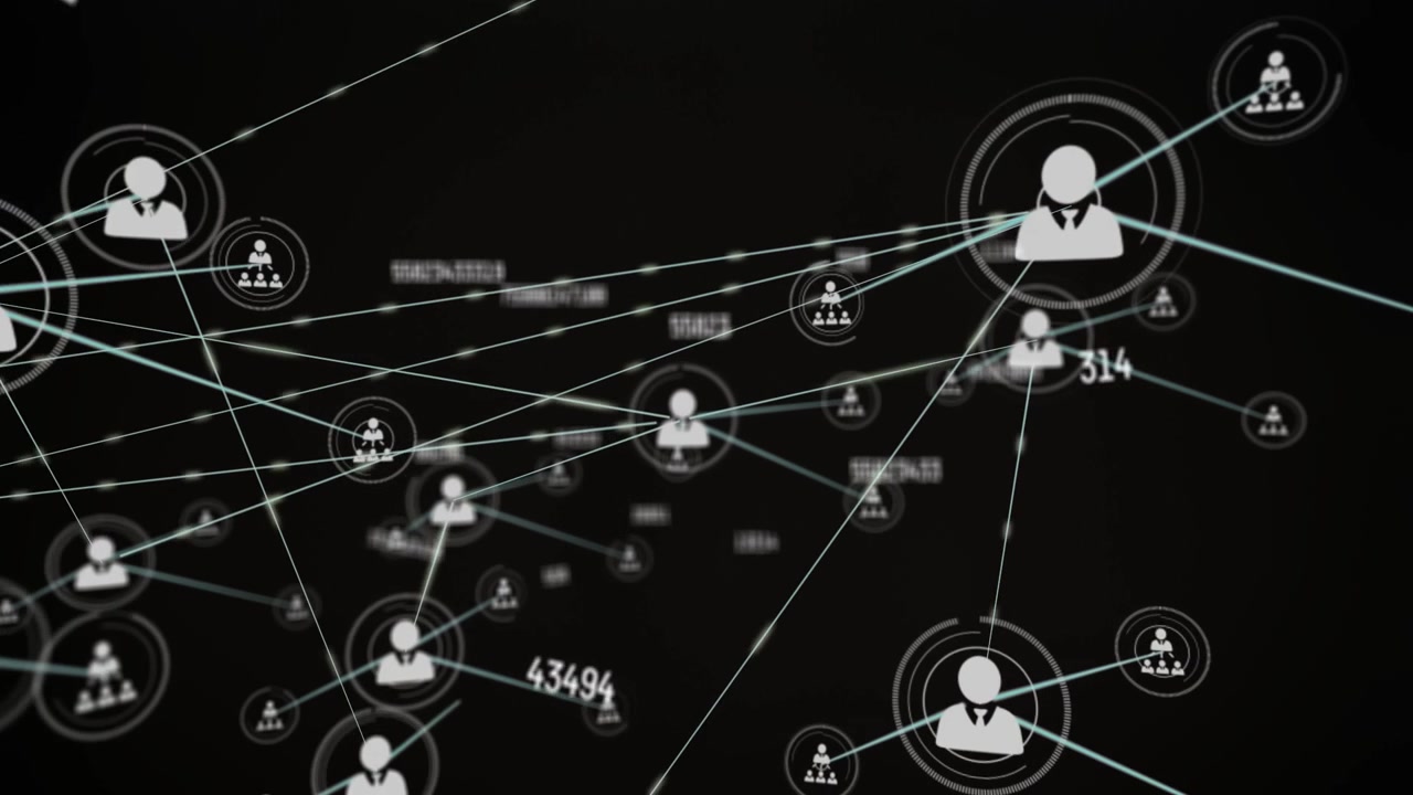 After pulsing core dot, white avatar node growing and sending teal links showing dense user network