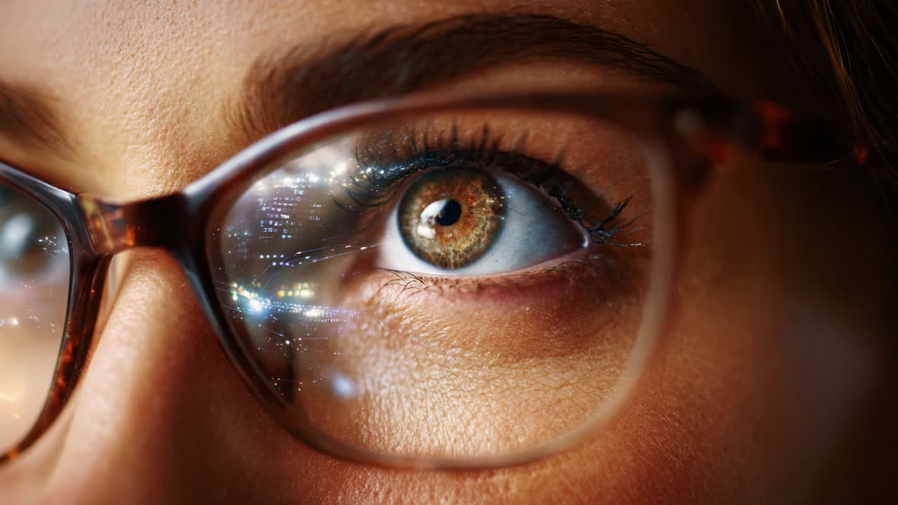 A Close-up View of an Eye Behind Glasses Capturing Intricate Reflections, Highlighting the Beauty of Sparkling Lights, Details in the Iris, and the Emotional Depth Within the Gaze