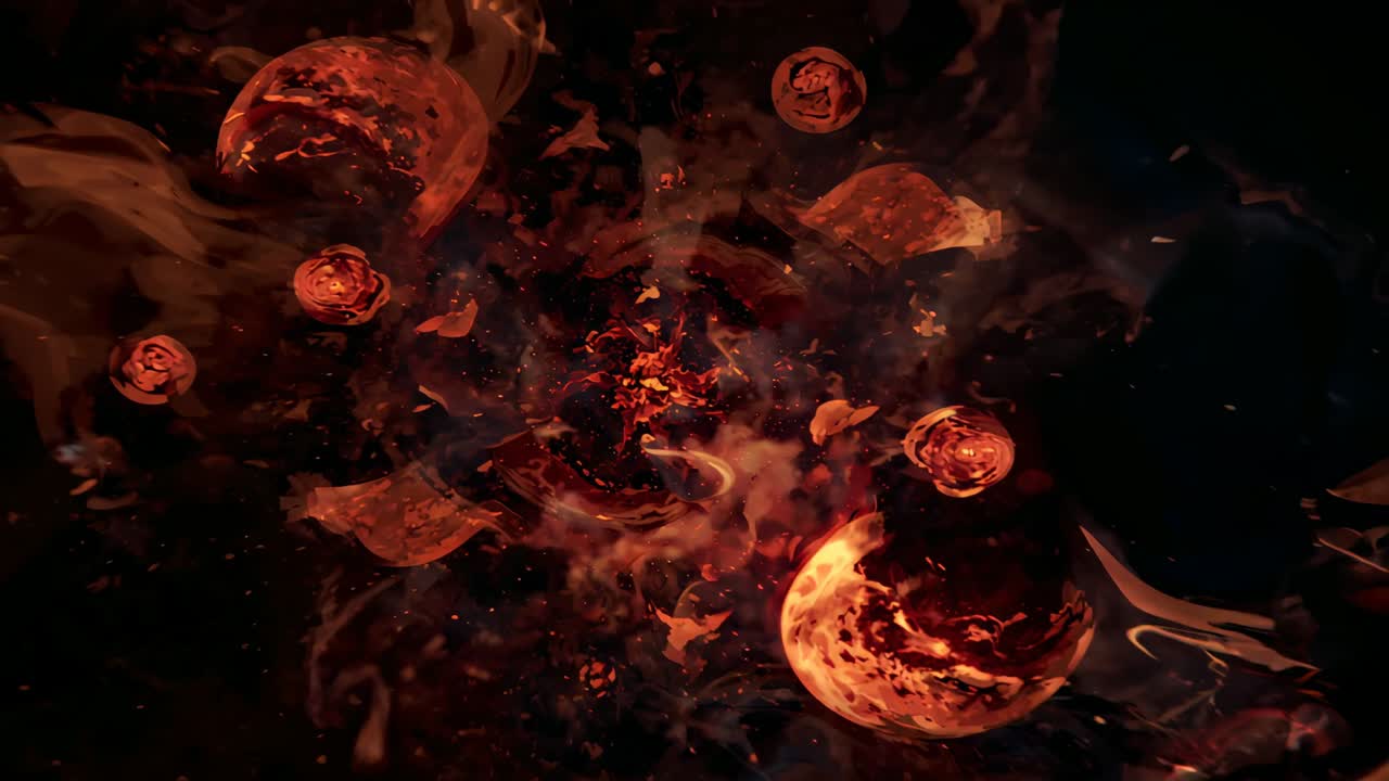 Pushing camera through glowing spheres and embers in void, capturing nozzle emitting exhaust flame