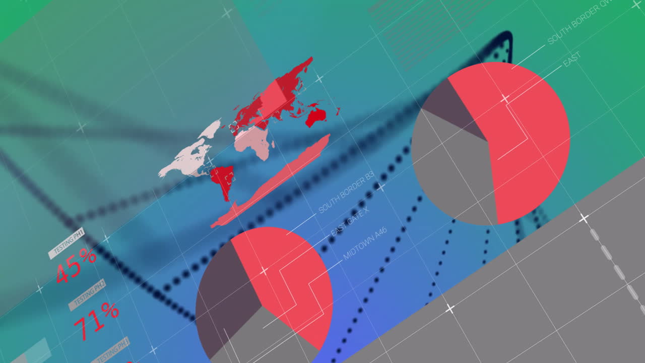 Abstract digital animation with world map, pie chart, and data lines