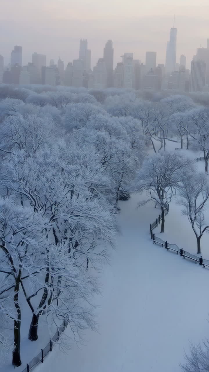 Snowy Central Park with NYC Skyline in the Background