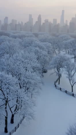 snowy central park with nyc skyline in the background