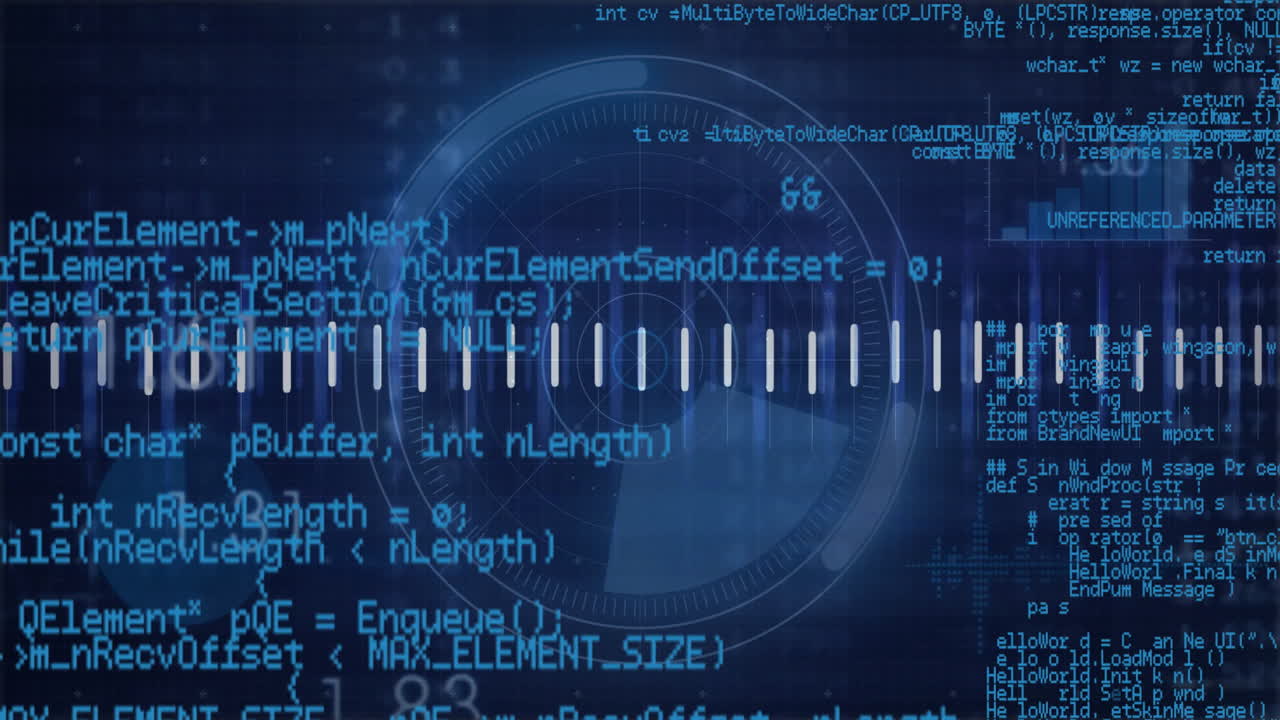 Digital code and data processing animation with blue text and numbers