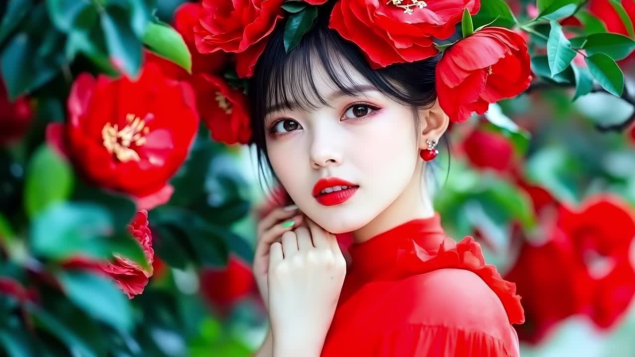 머리카락에 빨간 꽃이 있는 빨간 드레스를 입은 여자