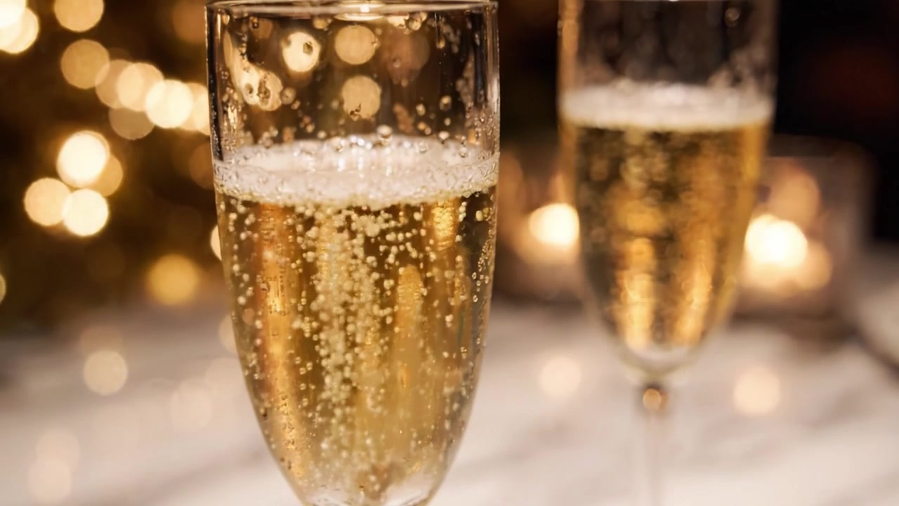 Bevanda frizzante elegantemente versata in calici flûte, che mostra l'effervescenza spumeggiante contro uno sfondo delicatamente luminoso di luci scintillanti e un'atmosfera romantica.