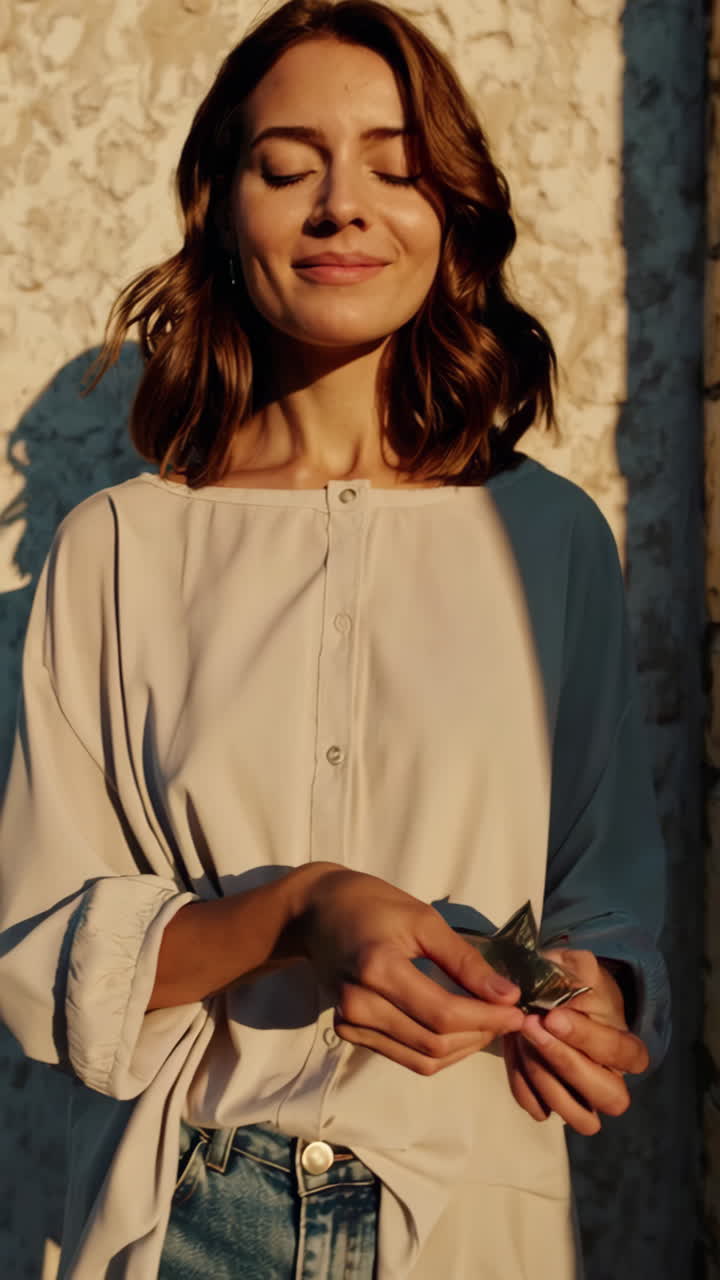 Woman Posing with Decorative Stars in Golden Sunlight
