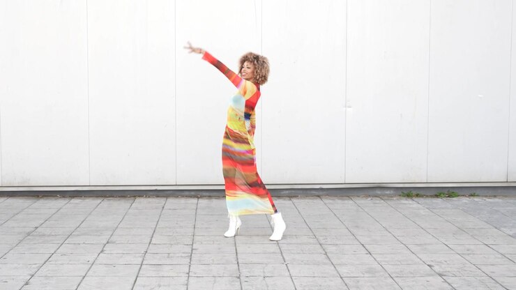 A colorful and artistic fashion statement in a dynamic urban setting emphasizing style