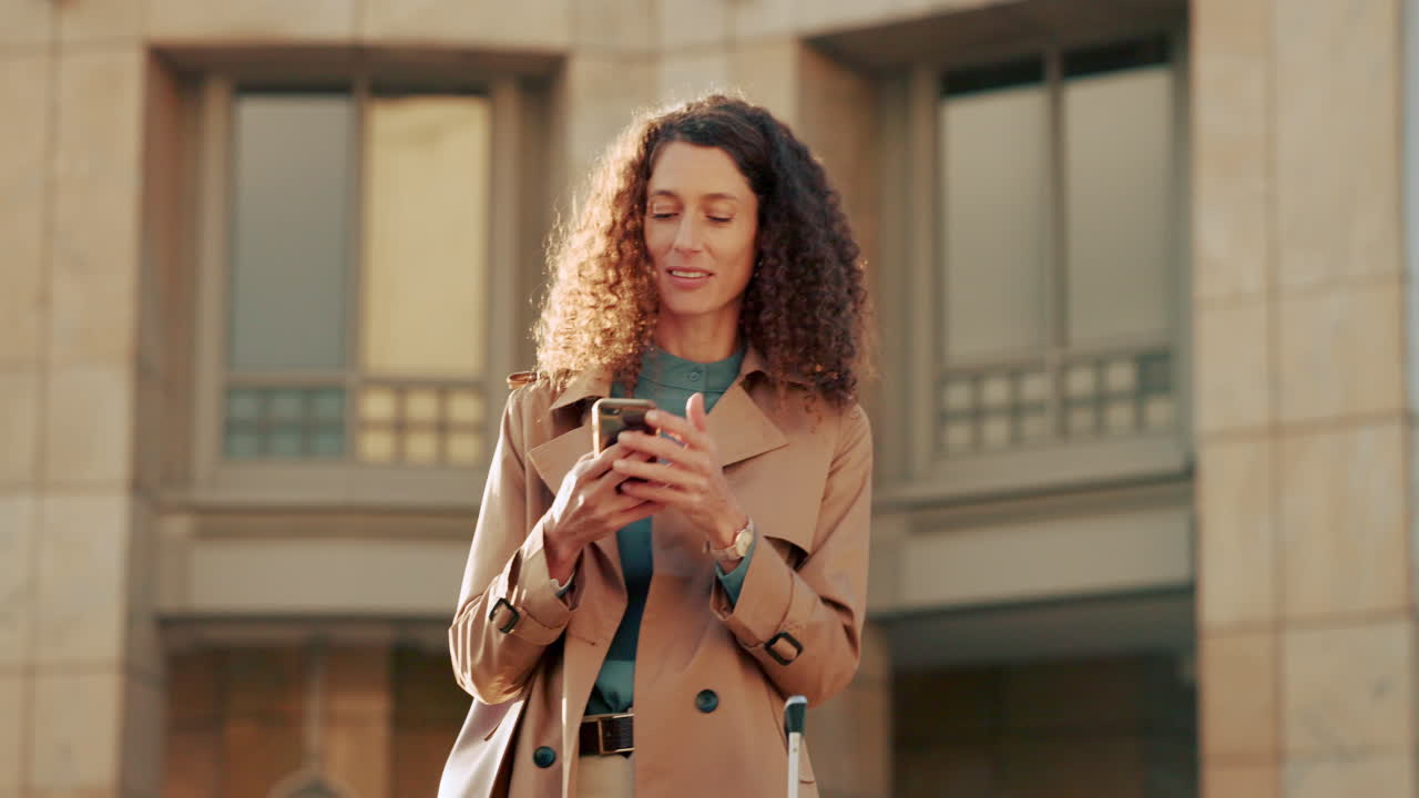 Donna, città e telefono con valigia da viaggio
