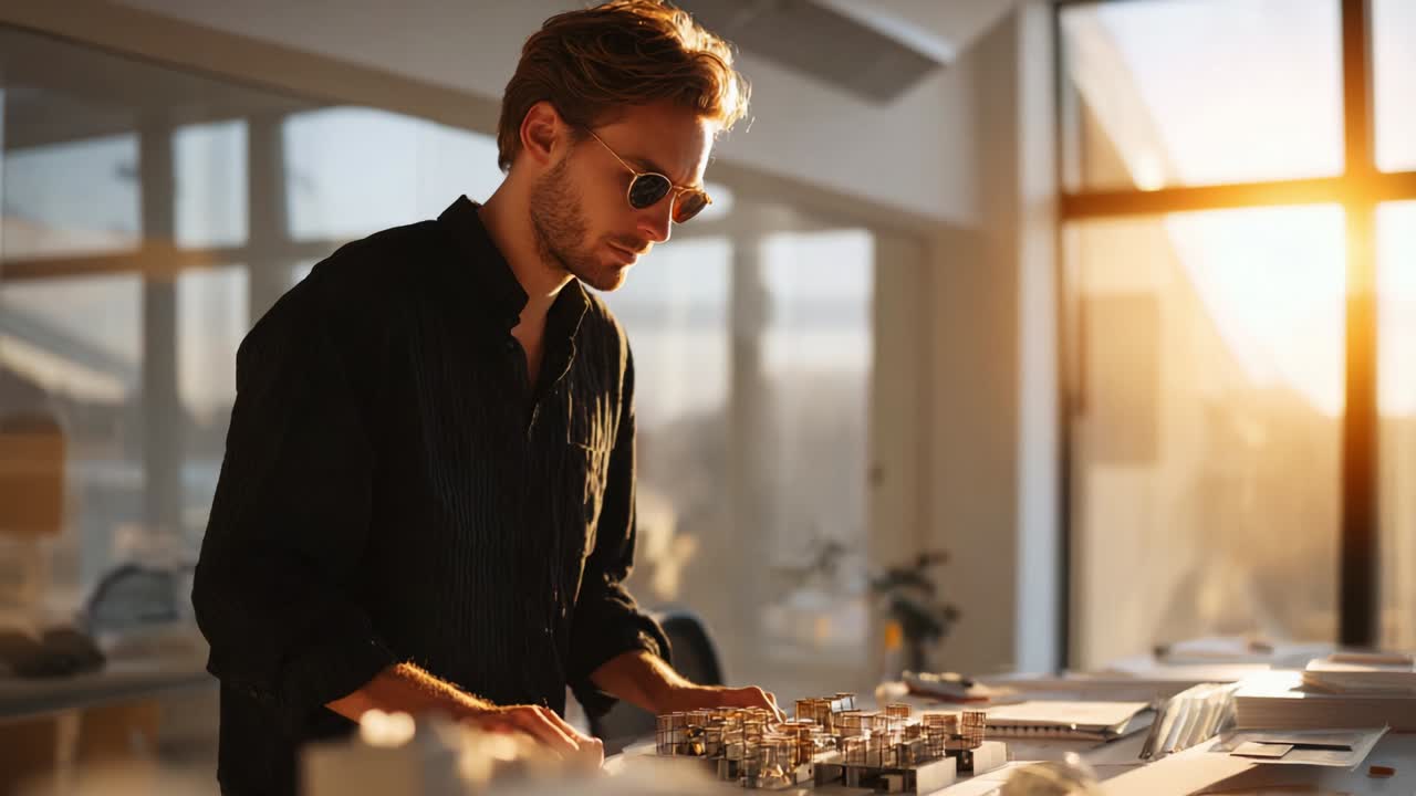 En fokuseret ung mand med smarte solbriller er fordybet i et omhyggeligt designprojekt, omgivet af blødt, varmt lys og et udvalg af arkitektoniske modeller på sin moderne arbejdsplads, der fanger et kreativt øjeblik.