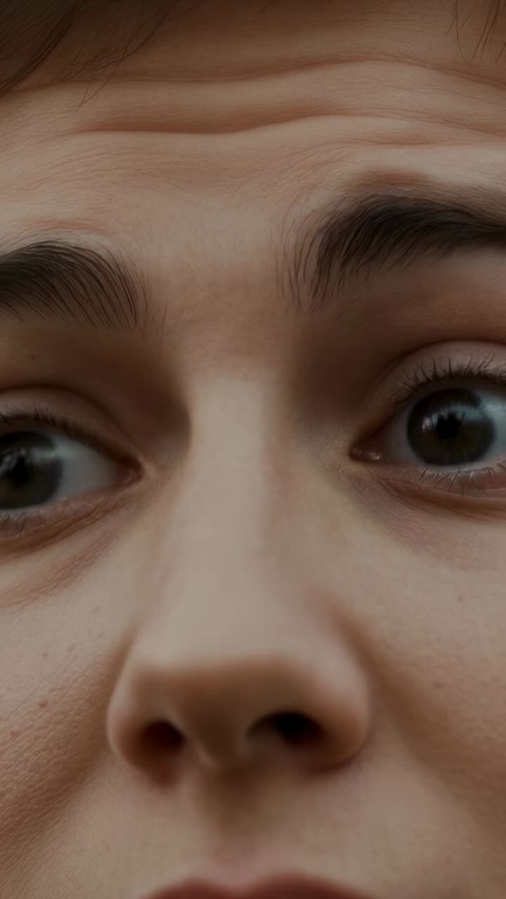 Vídeo vertical: reacción de una mujer que levanta las cejas y abre los ojos en un estudio, siguiendo un indicador fuera de cámara