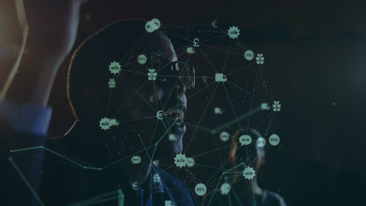 Animation of data processing over diverse business people at meeting