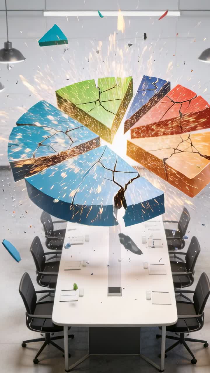Fractured 3D pie chart exploding above meeting table, flash from center showing business risk