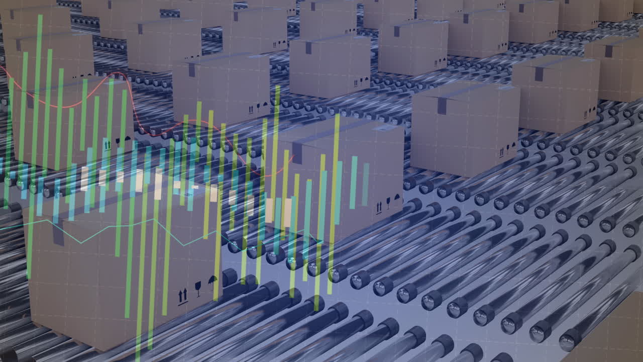 animación del procesamiento de datos financieros sobre cajas en cintas transportadoras
