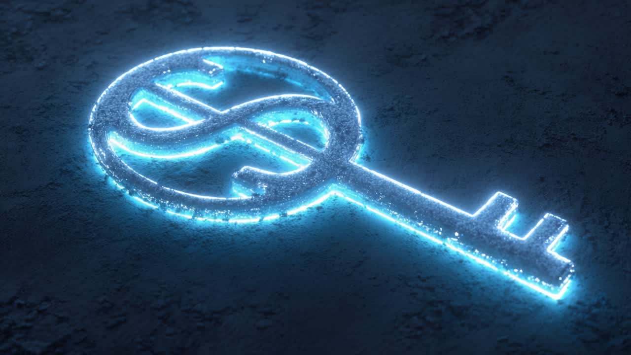 Abstract metallic key with a dollar symbol engraved on a rough stone surface, illuminating with a powerful blue and orange energy, representing the concept of financial security and success